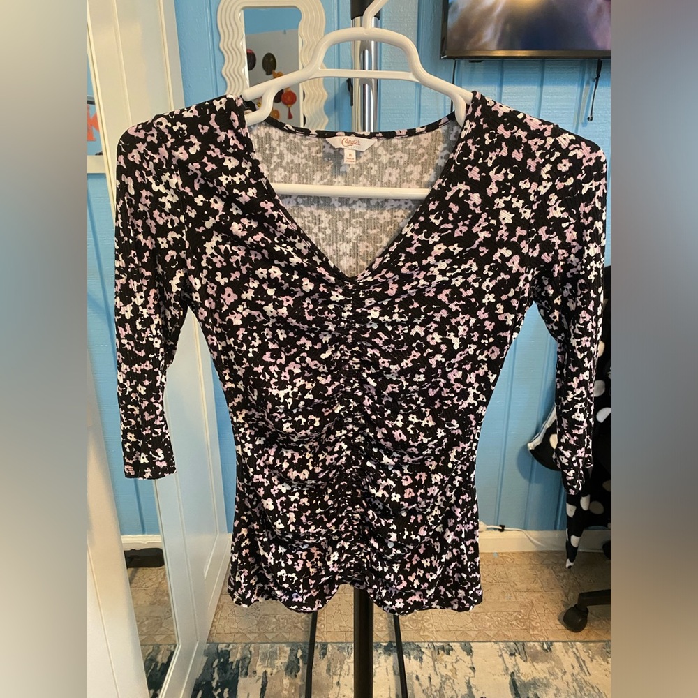 Candie's Black and White Ruched 3/4 Sleeve Blouse